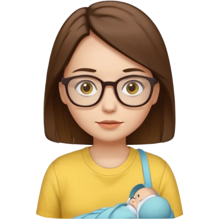 female with white skin. Shoulder length straight brown hair. Brown eyes with glasses. Female wearing baby yellow shirt. emoji