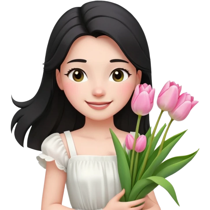  A girl Squint your eyes and smile with a black half-up half-down hairstyle, and a white dress, enjoying the spring breeze.Holding a bundle of pink tulips emoji