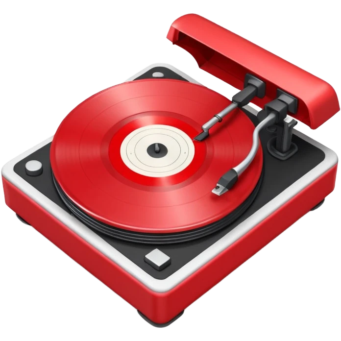 Generate a high-quality 3D cartoon-style emoji of a red LP record placed inside a white LP turntable, realistic shading, smooth gradient colors, rounded and cute appearance, simple white background, high-resolution. emoji