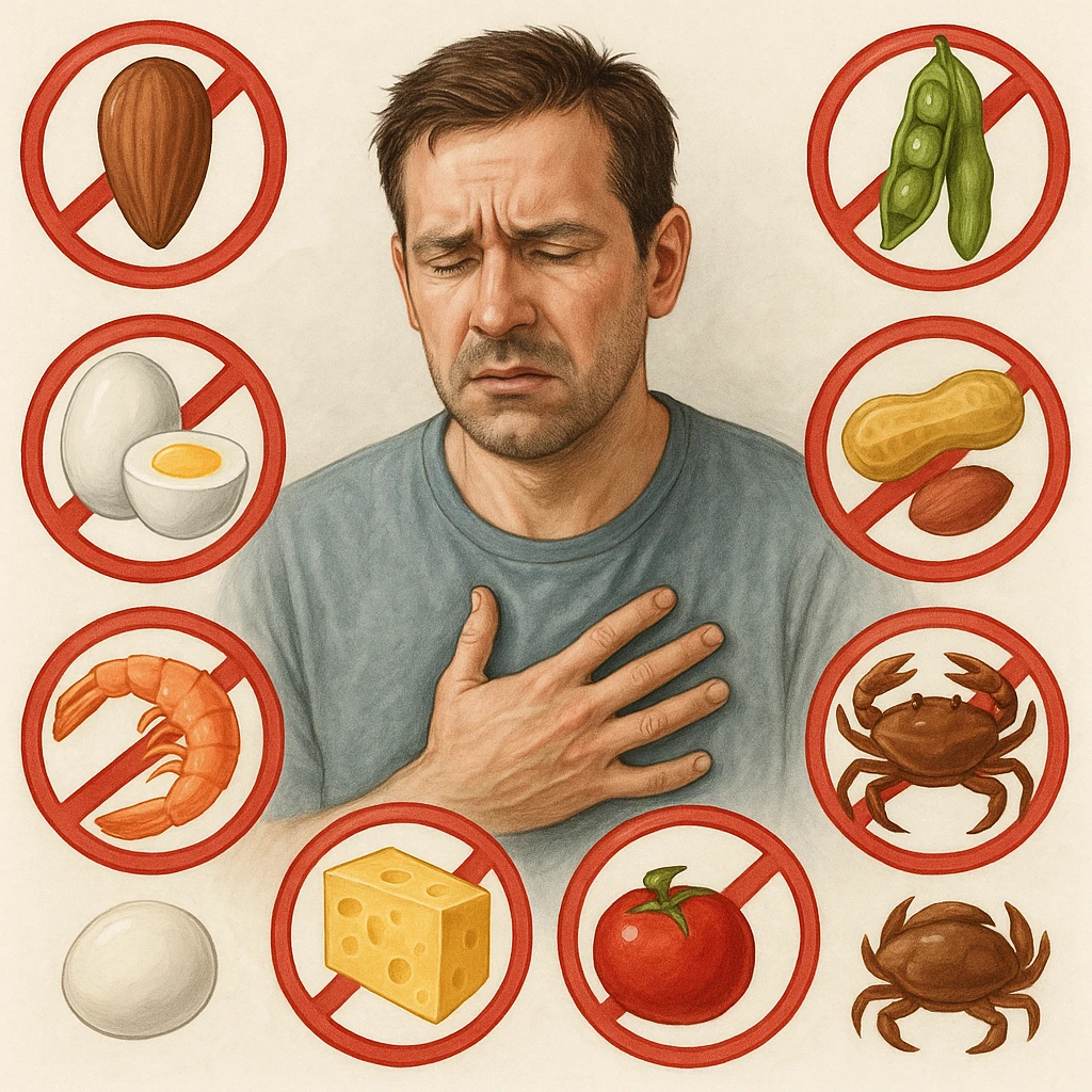 A 40-year-old man suffering from food intolerances, inspired by the reference image, with a pained or worried expression, surrounded by symbols of forbidden foods such as nuts, honey, peas, eggs, tomato, peanuts, shrimp, cheese, crab. Realistic or illustrative style with a light background, conveying an atmosphere of food discomfort. emoji