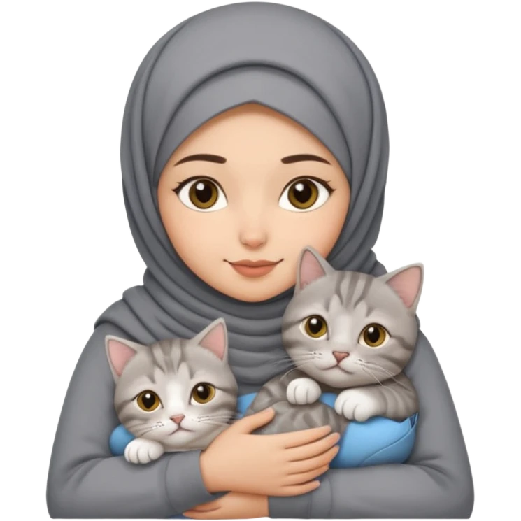 Middle Eastern hijabi girl with arched brows holding a grey tabby British shorthair, mum and kitten cat emoji