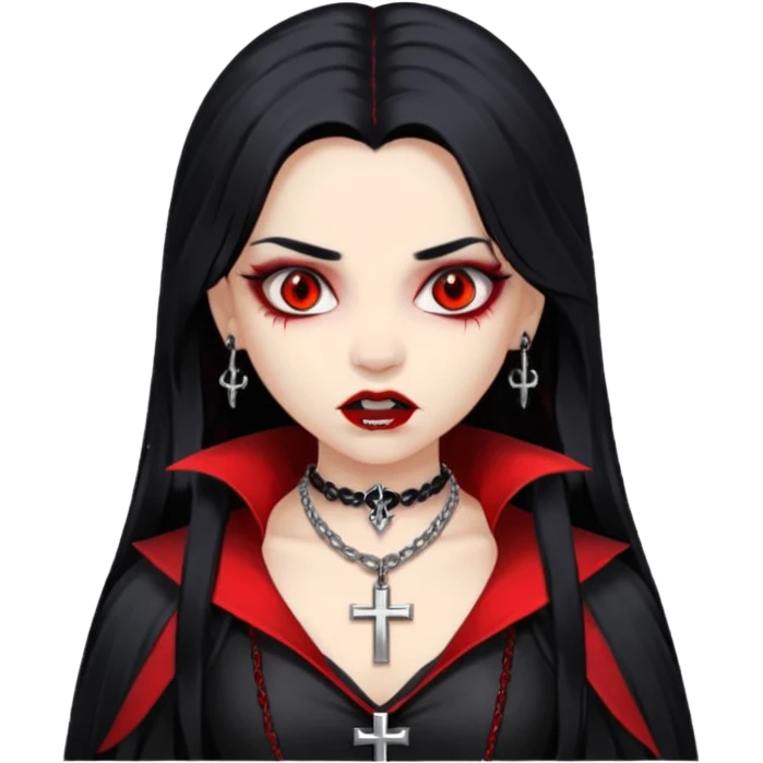 a girl with a very light skin,red eyes,fangs like vampire,black hair with red mesh,with goth clothes and a chain with a cross on it emoji