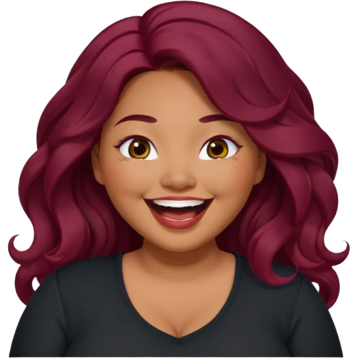 Plus size red hair brown face small eyes long hair Asian eyes small eyes wavy hair eye lashes burgundy hair black shirt laughing  emoji