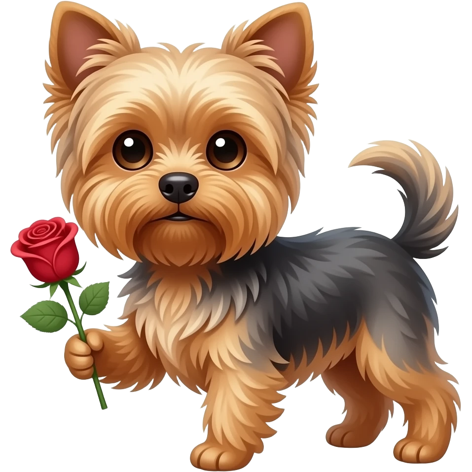 Yorkie dog droopy ears long tail holding a rose emoji