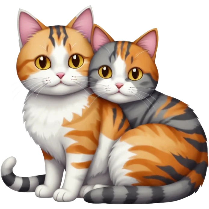 full body colourful light patched calico + white tabby cat cuddling a bigger cat that is dark grey and white tabby cat  and they are in love emoji