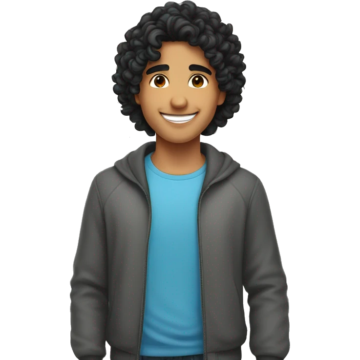 young hispanic guy with very curly longer black  hair and no beard or mustache, and with sweet smile emoji