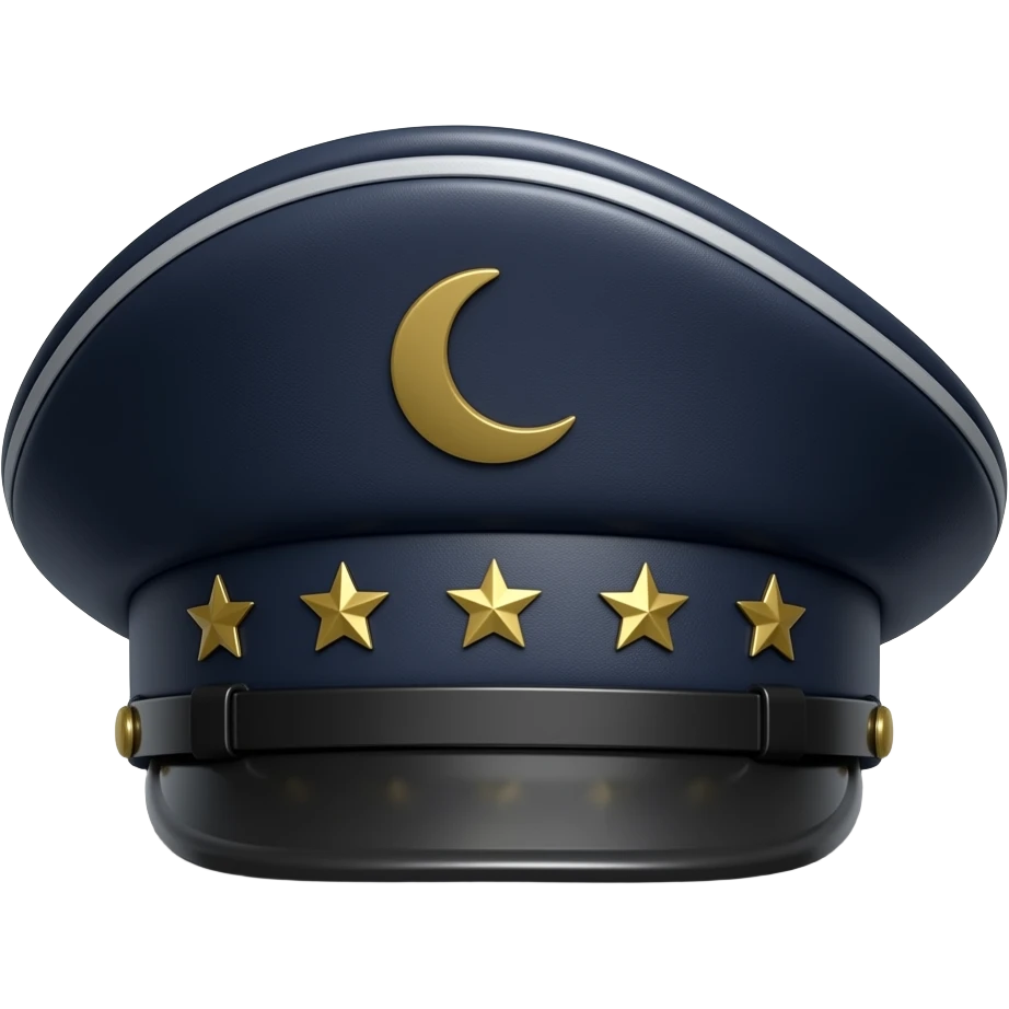 Dark navy-indigo leather Dommy Kepi hat with gold stars and a gold crescent on the side emoji