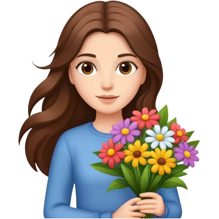 A cool girl with long brown hair and fair skin holding a bouquet of flowers emoji