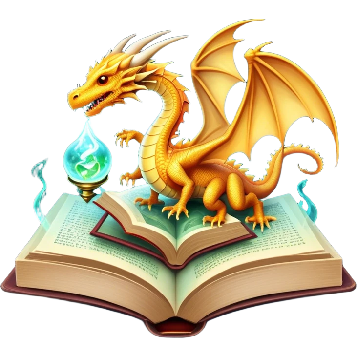 Icon for Fantasy and Sci-Fi Literature: a magical book with glowing pages, surrounded by a dragon, a spaceship, and a wizard with a staff. The icon should capture the adventurous and imaginative world of fantasy and science fiction. Transparent background. emoji