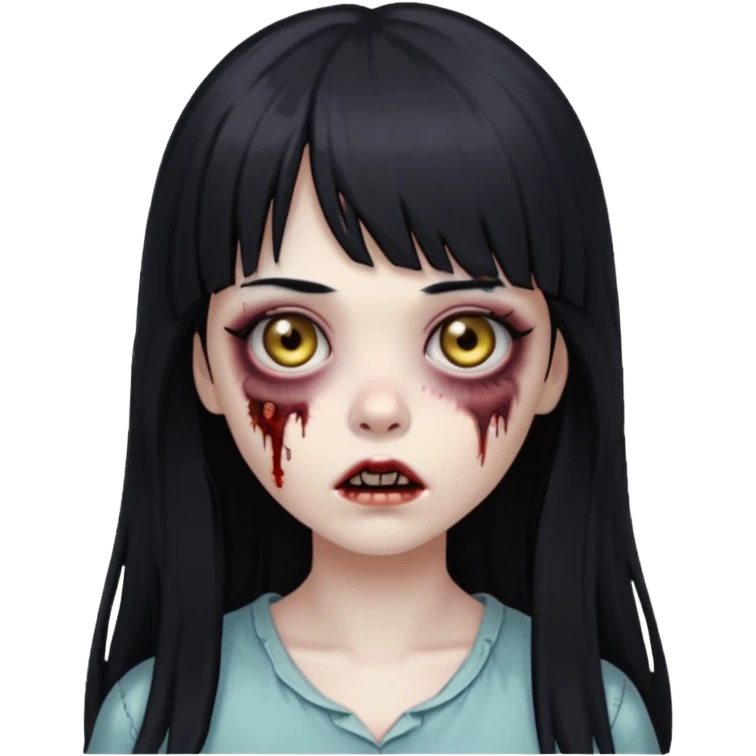 faça o emoji de uma menina zumbi de cabelos longos pretos com franja emoji