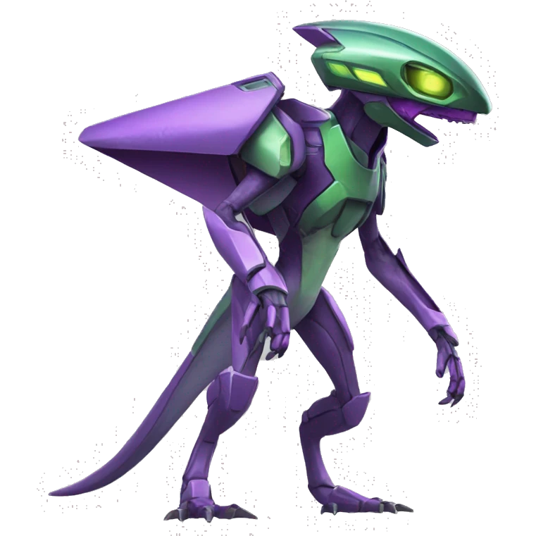 a purple-green Genesect-Raptor-Fakémon—hybrid with a futuristic visor-helmet full body emoji