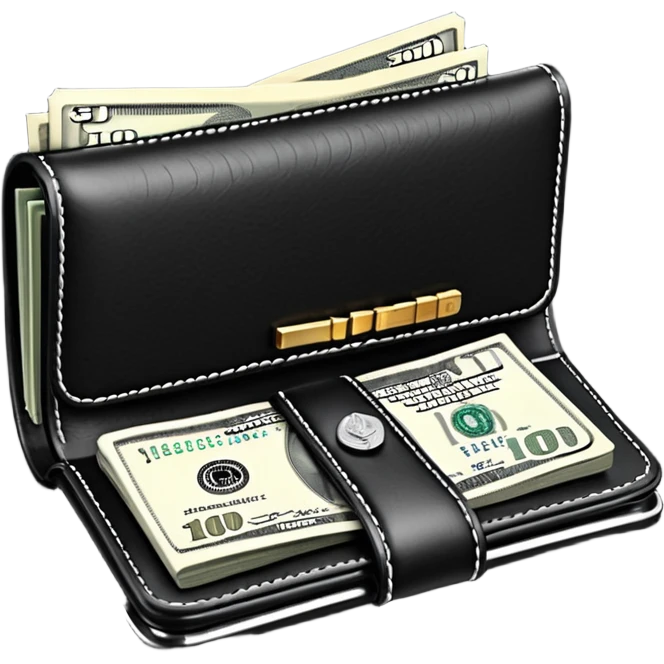 Rich emoji style black leather wallet with dollar bills, luxury money vibe, premium 3D emoji, ultra clean, high detail, no background emoji