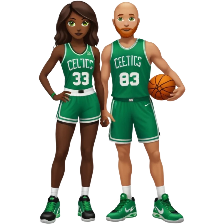 48-year-old dark skin black woman with brown eyes, long dark brown hair dressed in sexy 
celtics jersey costume outfit & stilettos. A bald white man with ginger beard. he has blue/green  eyes, wearing a Jason Tatum Boston Celtics Jersey, matching Nike sneakers  emoji