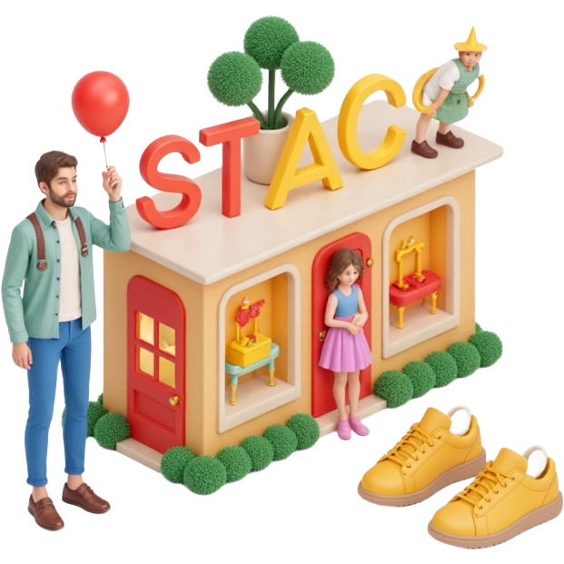 A vibrant and colorful logo for STACS, a fashion retailer. The logo should have a playful and energetic design, with the text 'STACS' in a bold, eye-catching font. Incorporate fun illustrations of clothes and shoes. emoji