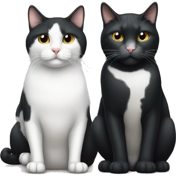 Large tuxedo cat with a spot on his nose and small white cat with grey spots sitting next to each other  emoji