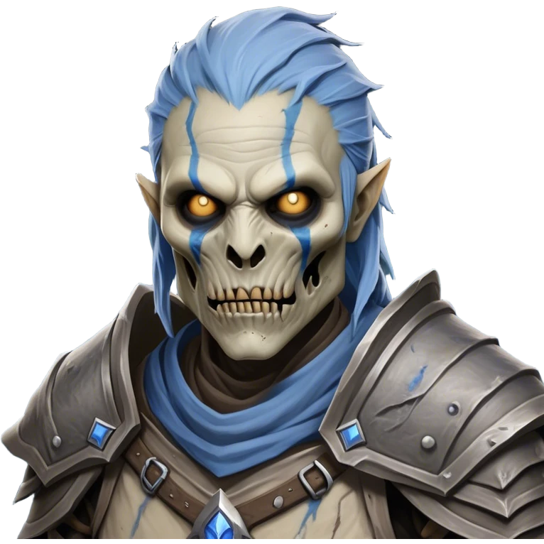 Cinematic Realistic WoW Undead Warrior Portrait, depicted with decayed yet noble features, his weathered, pallid skin etched with ghostly blue veins and ancient scars. Clad in modest, tattered attire in muted browns and greys that remain consistently rugged, his hollow eyes burn with determined defiance. Rendered with lifelike texture and dramatic natural lighting, high shine, noble and resilient, capturing the stoic spirit of an undead veteran of Azeroth. emoji