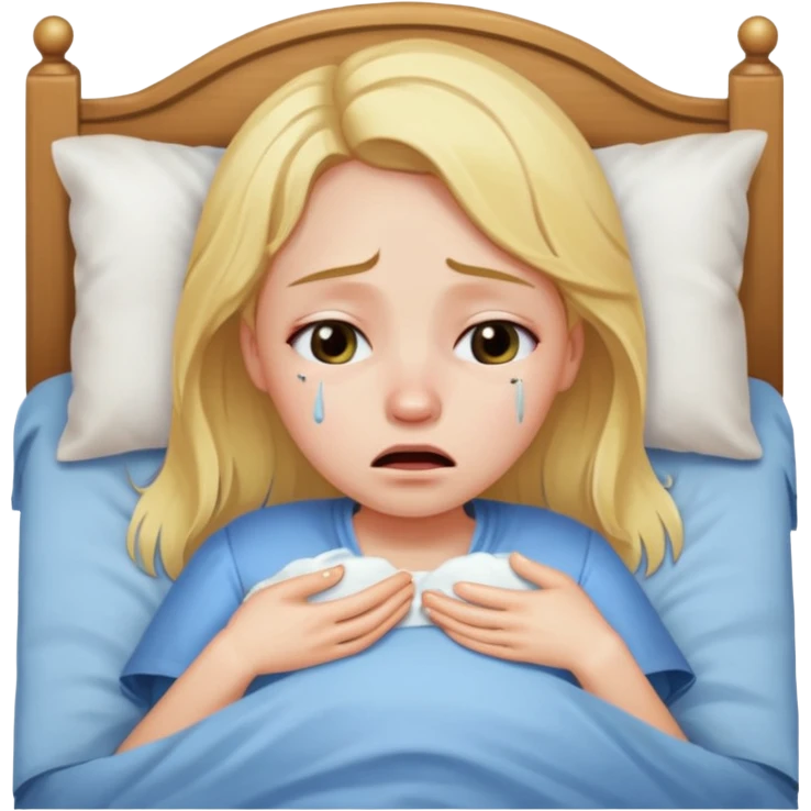 Девушка со светлыми волосами лежит в кровати грустная плачет emoji
