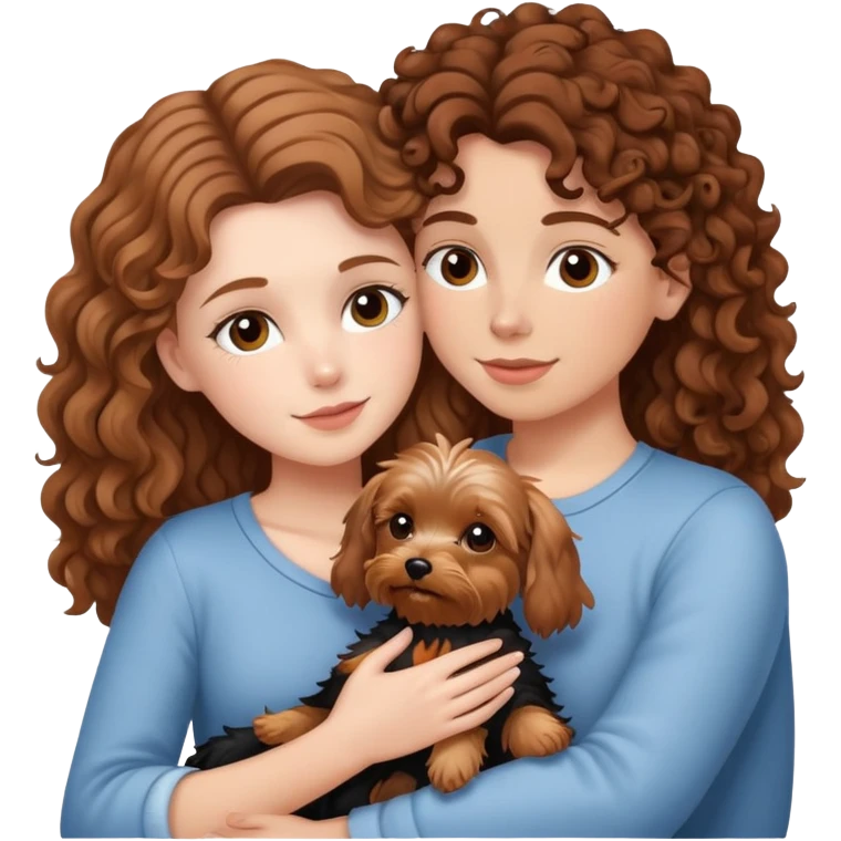 White girl with brown curly hair cuddling with yorkie emoji