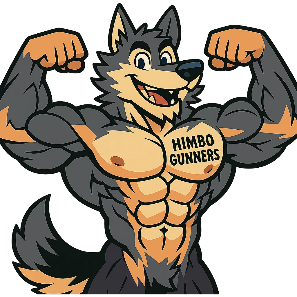 super buff, hyper-detailed wolf furry, shirtless, with 'Himbo Gunners' tattoo on chest, flexing with both arms, charming smile, highly defined muscles and fur emoji