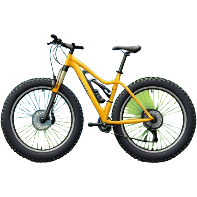 The background showcases majestic mountains, lush green valleys, and a bright blue sky with fluffy clouds. The sun casts warm light over the landscape, emphasizing the beauty of outdoor cycling. a mountain bike standing on a scenic trail.  emoji