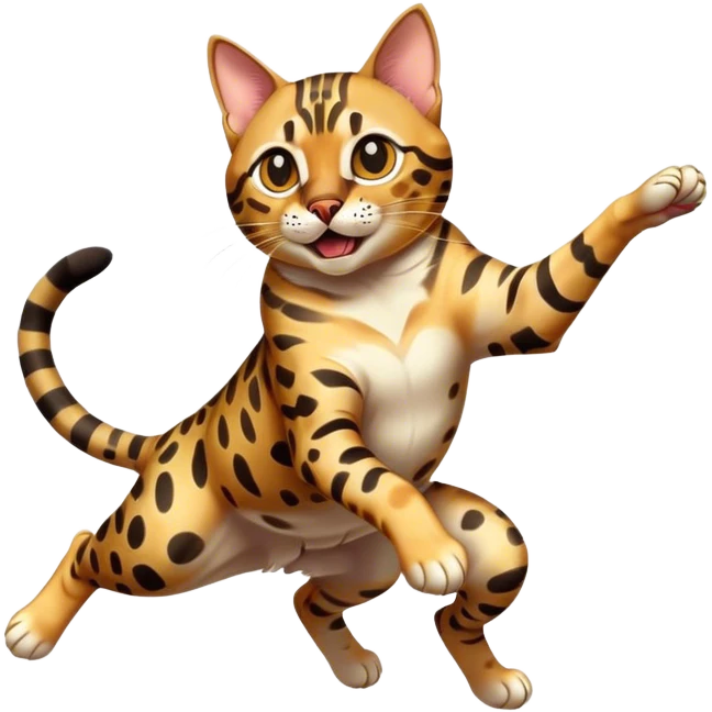 A spotted Bengal cat mid-air, jumping forward with claws out, energetic and wild, cartoon style, transparent background. emoji