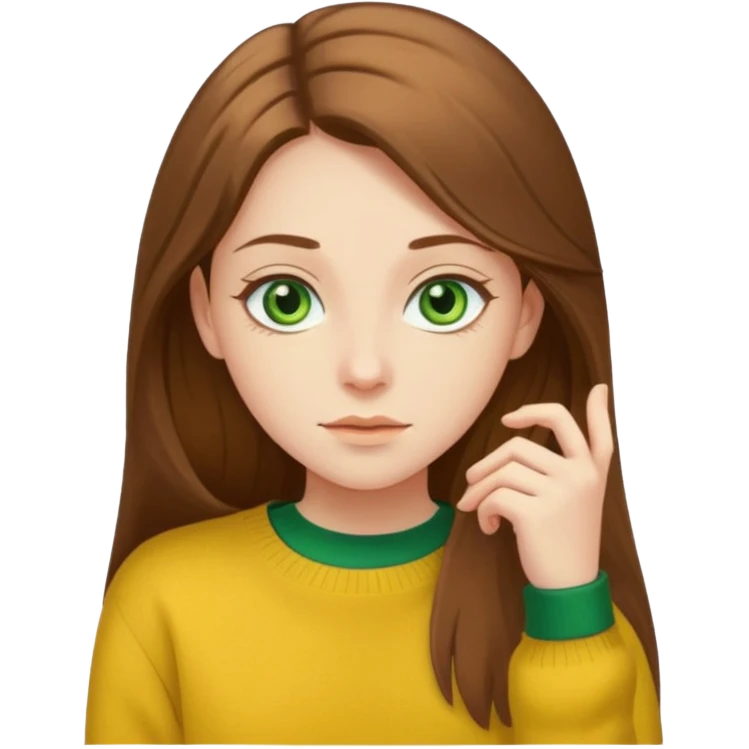 please create an emoji of a semi pale girl with long brown hair, green eyes, wearing a yellow sweater emoji