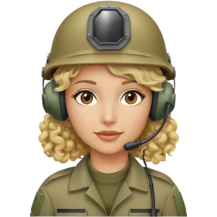 operator dressed in khaki color with a milatary helmet, without glasses, with headset, preferably curly blonde female emoji