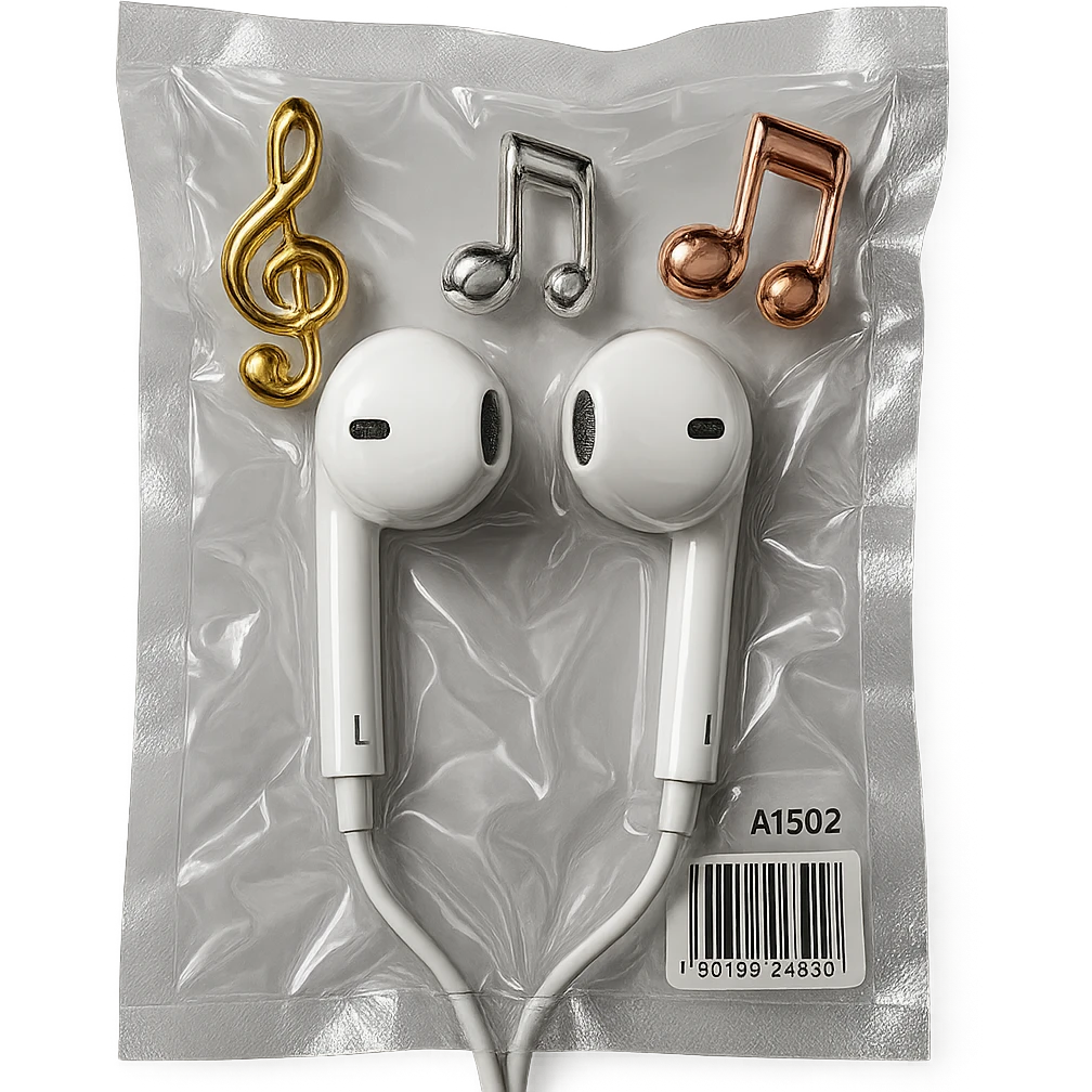 pair of white EarPods with three floating glass music notes in gold, silver, and rose gold, shiny and puffy emoji