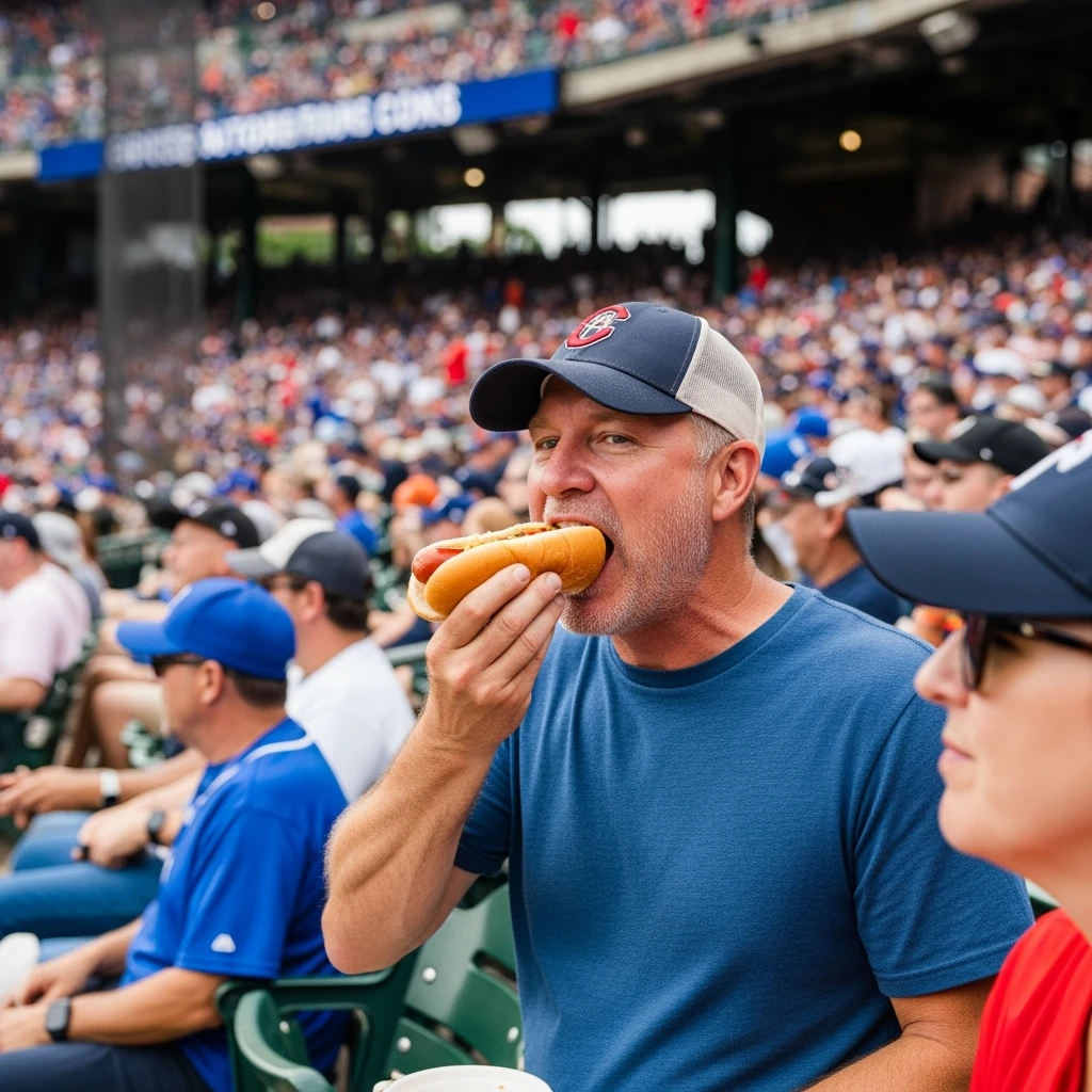 man eating a hot dog at a baseball game emoji