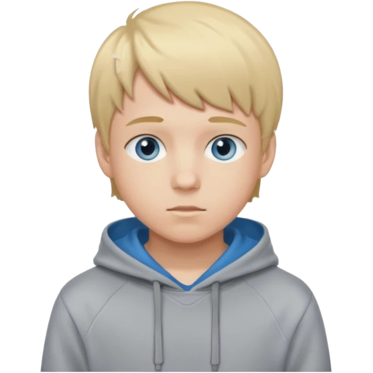 Teen boy with blue eyes and a Grey hoodie who stands up with blond short hair and short bangs emoji