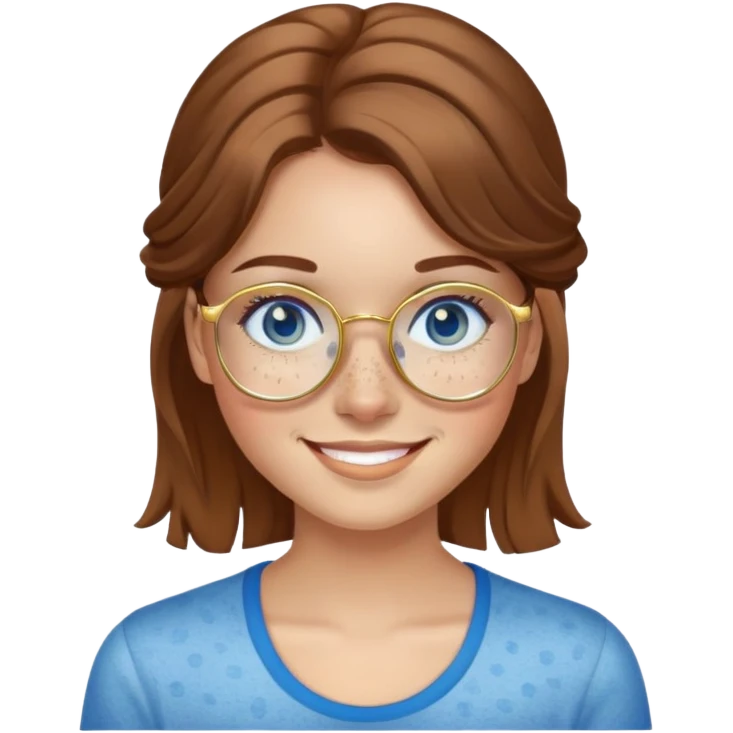 Girl with light skin, brown hair, blue eyes, freckles, and gold glasses smiling emoji