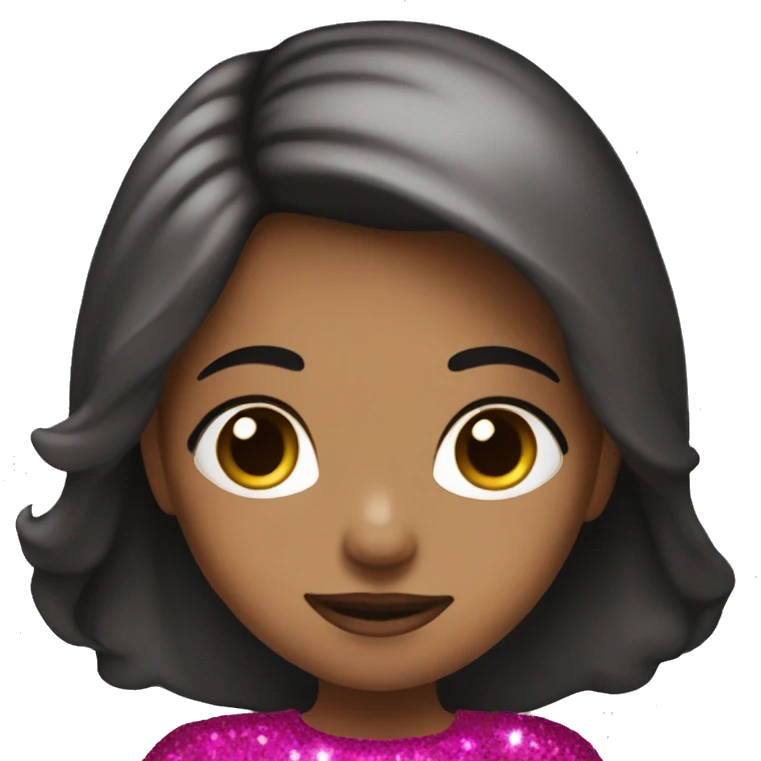 A girl with long hair black,fucsia dress,brown eyes,glitter emoji