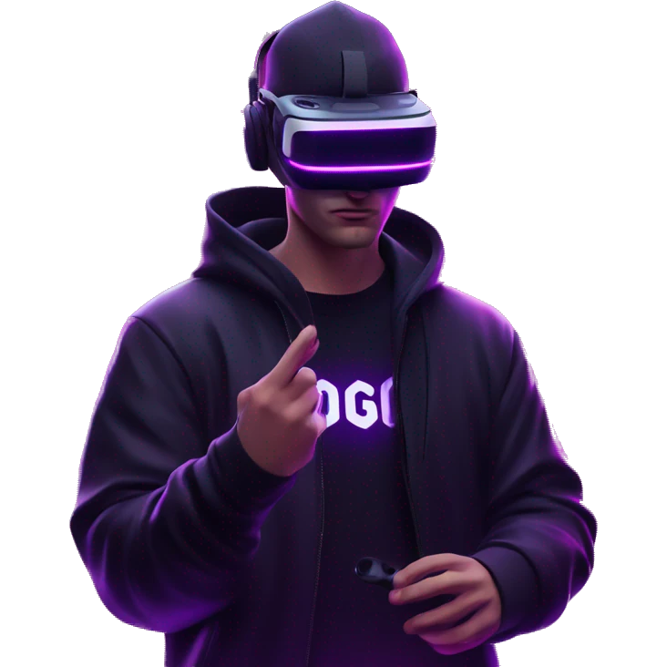 Russian man wearing a black hoodie with "OMG" letters on it and VR headset in a cyberpunk VR environment with violet neon lighting. emoji