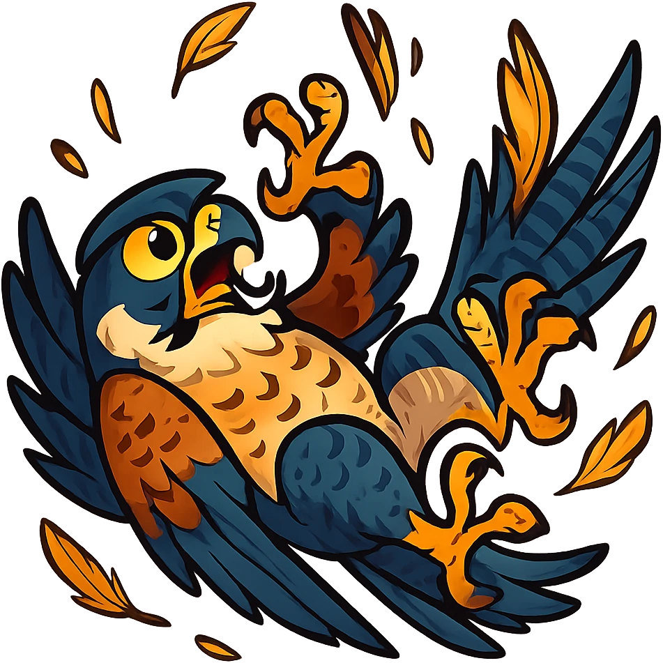 A stylized falcon tumbling through the air, feathers flying, cartoonish exaggeration, no background emoji