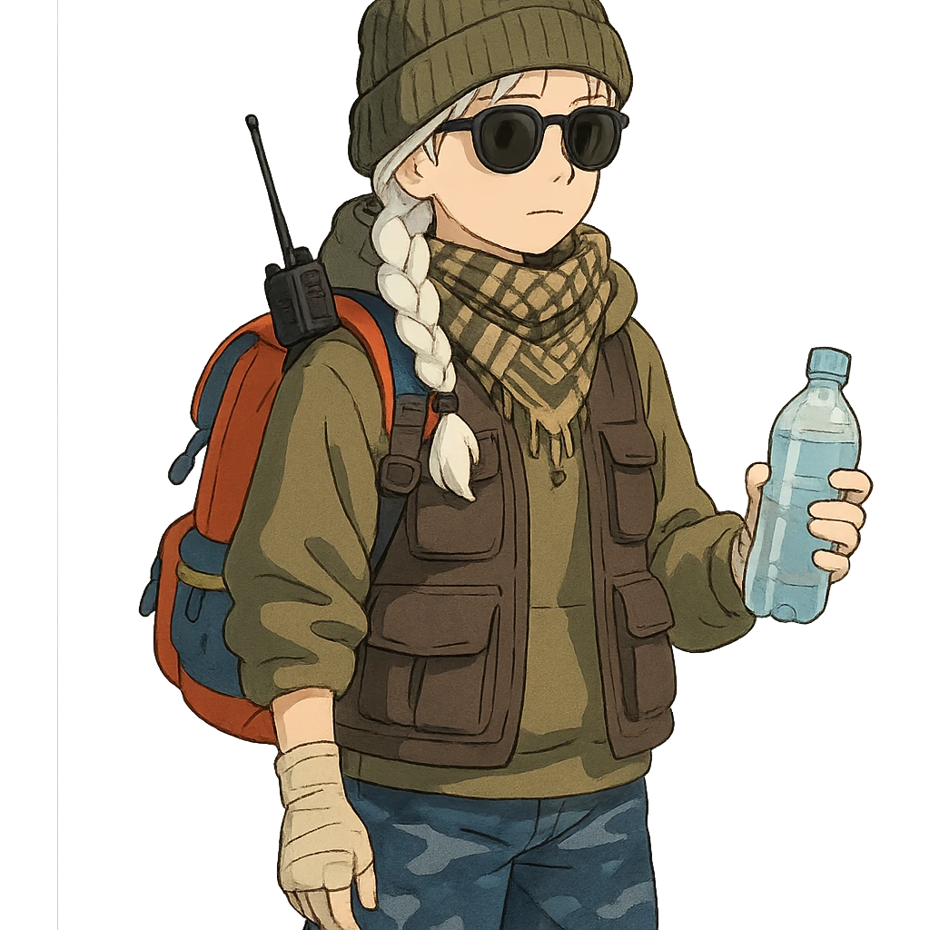 1 female, long white braid, knit cap, dark sunglasses, shemegh neckwrap, fishing vest, vibrant shool backpack, drab hoodie, handwraps, blue camo pants, handheld radio clipped to shoulder, unkempt, holding a bottle of water emoji