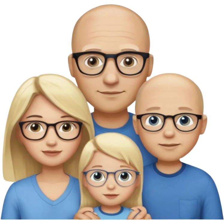 Eigene Familienbild mit 3 Personen; Mutter dunkle Augen und dunkle lange Haare mit Brille; Vater mit Vollglatze und Blaue Auge und ohne Brille;  kleinkind mit blonden Haaren und dunklen Augen und ohne Brille emoji