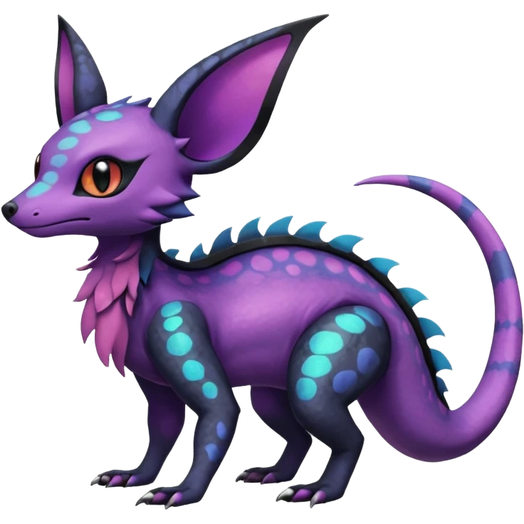 Rare epic aesthetic iridescent spooky gloomy colorful Salandit-Noibat-Eevee-Genet-species-Fakemon-hybrid-creature, with markings, full body emoji