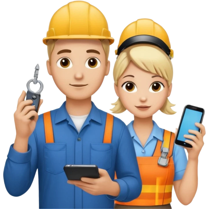 handsome White male electrician with tool and pretty blond office administrhair stylist with a bun holding phone emoji