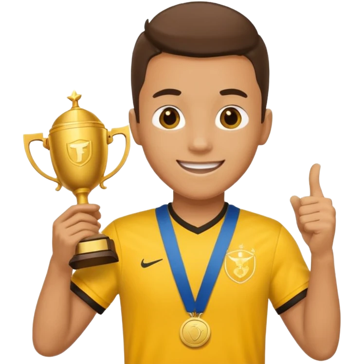 happy soccer player with a first-place medal and a trophy in yellow t-shirts emoji