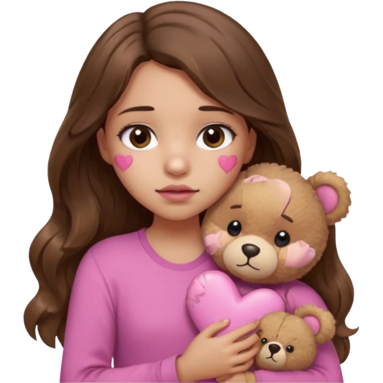 girl with long wavy brown hair, brown eyes, light to medium complexion, in a pink shirt, pink lips, long lashes, sad, hugging squeezing a teddy bear with bandaid hearts emoji