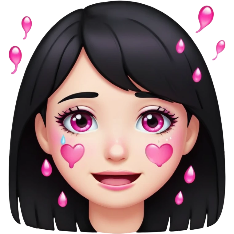 black hair girl crying with pink glitter tears, smiling, emoji style emoji