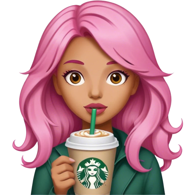 Girl big lips holding Starbuck with pink hair emoji
