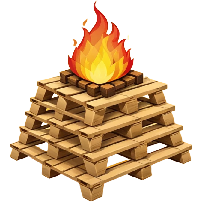 emoji-style pallet bonfire, stacked pallets with fire, cheerful, bold colors, simplified design emoji