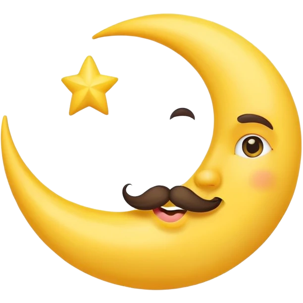 crescent moon with a funny mustache and cute smiling face emoji