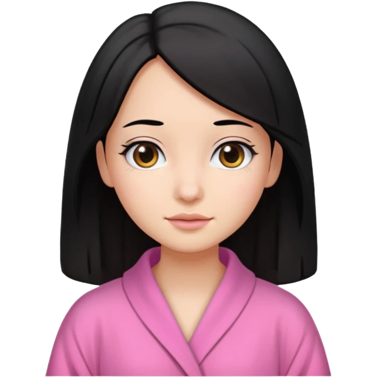 A girl who has black hair (straight but slightly wavy at the end), has a medium to bright skin tone, wearing a pink robe emoji