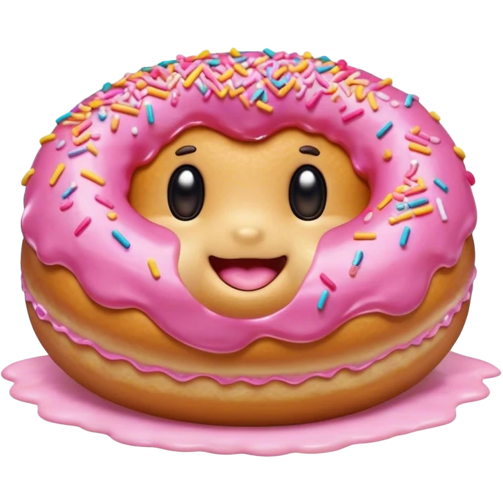 Cinematic tiny happy donut, round and fluffy, golden brown with pink icing and sprinkles, tiny adorable face with blushing cheeks, warm glowing background. emoji