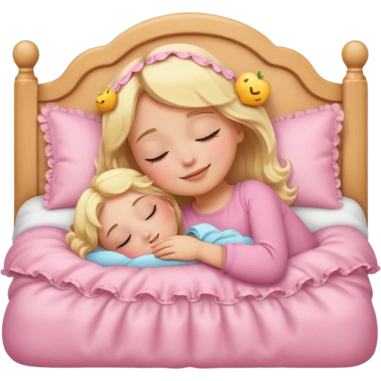 a blonde girl sleeping in a frilly baby pink bed, eyes closed, emoji-like simplicity and clarity, apple emoji style emoji