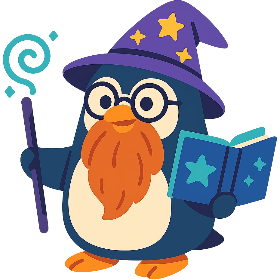 a chubby penguin wizard with glasses, a long beard, and a mystical book emoji