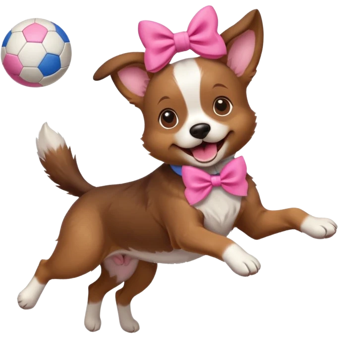 girly dog with a pink bow jumping in the air to catch a ball emoji