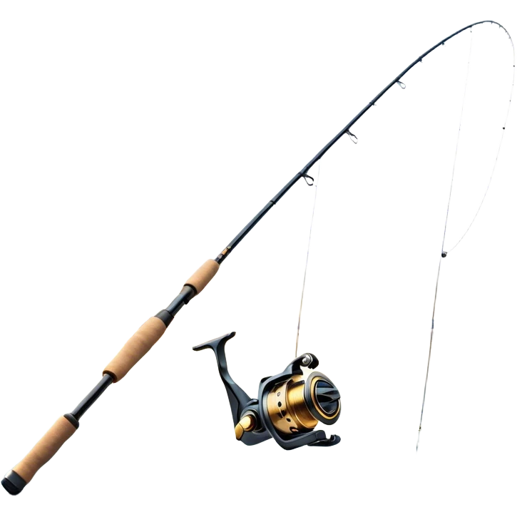 Cinematic Realistic Fishing Rod, sleek graphite rod with a smooth, polished reel, thin line disappearing into a shimmering lake, warm golden sunlight reflecting off the water, glowing with a tranquil and adventurous aura. emoji